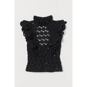 H&M black crochet mock neck floral open back sheer top XS short sleeve